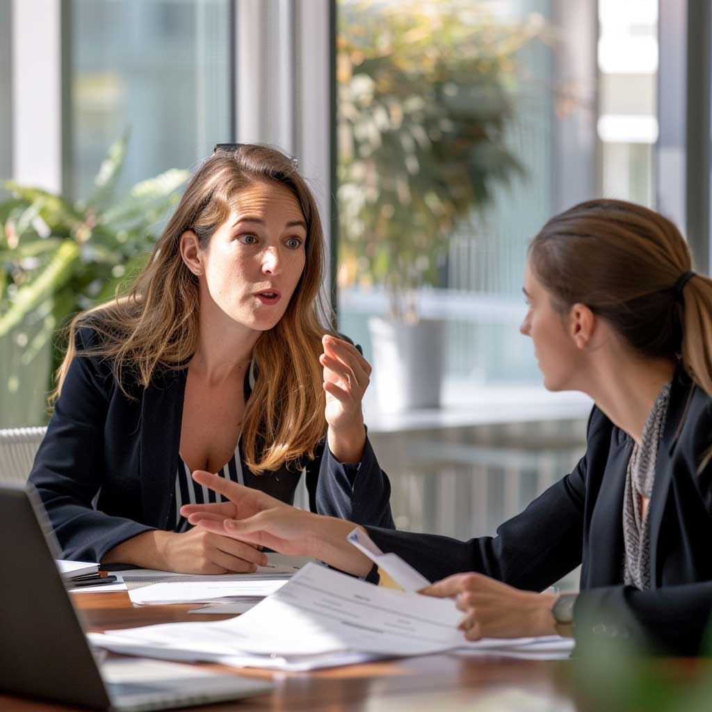 Two female HR professionals discussing employee relations certifications in a bright office