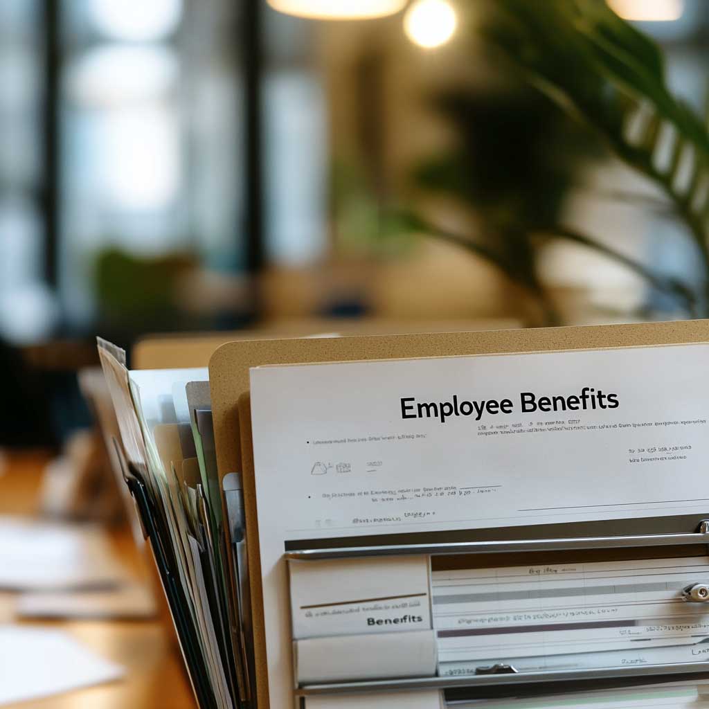 A close-up of a table in an office with a folder labeled "Employee Benefits" and various documents and spreadsheets neatly arranged.