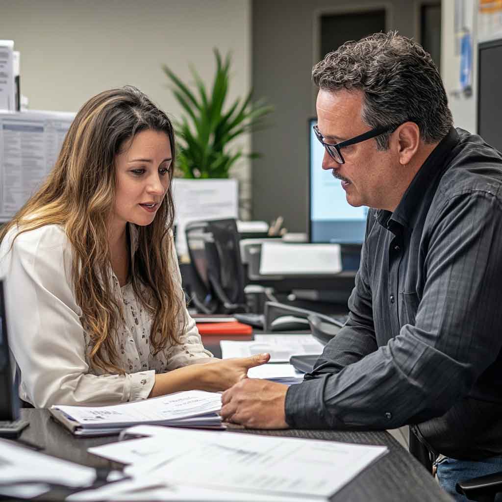 An employee in an office setting providing information to an HR representative.