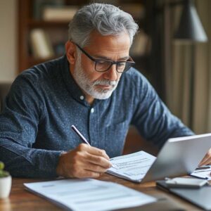 An employee or retiree sitting at a desk, reviewing retirement plan documents