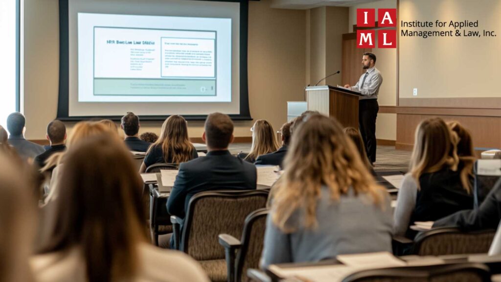 HR professionals attentively participating in a benefit law seminar, with a presenter at the podium.