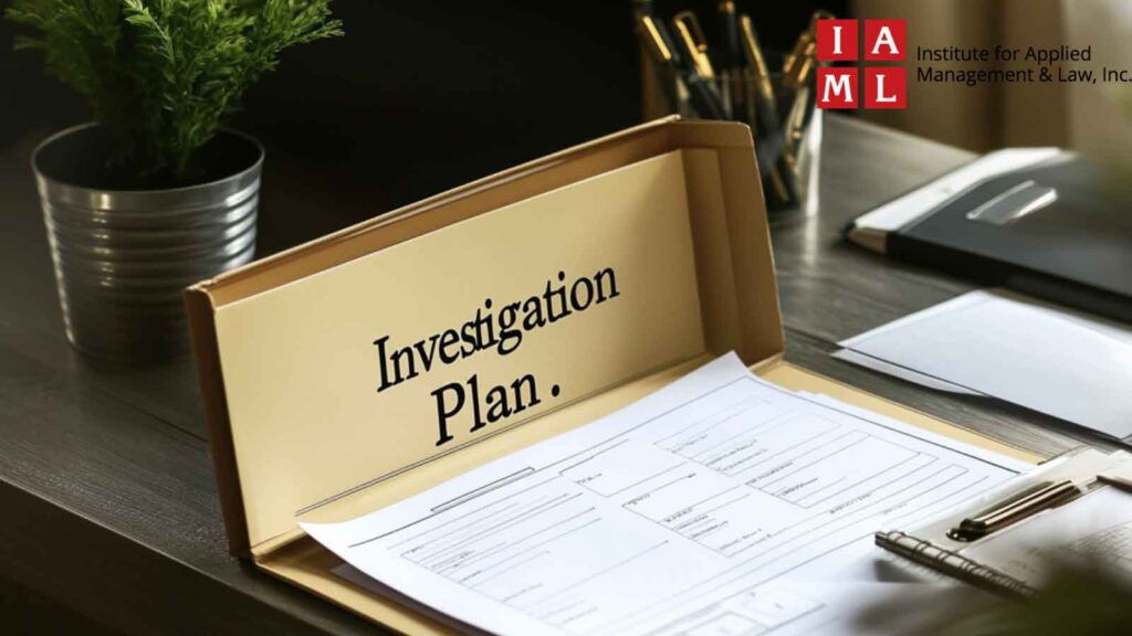 A desk in an office with an open folder labeled “Investigation Plan,” containing documents and a checklist. 