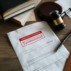 A close-up image of a legal document with the word "Terminated" stamped in red.
