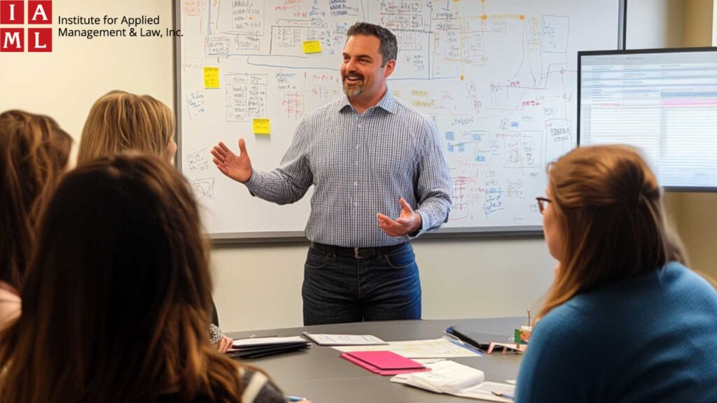 A manager and team discussing scheduling strategies with a whiteboard.