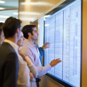 Employees collaborating around a digital screen to discuss and adjust scheduling