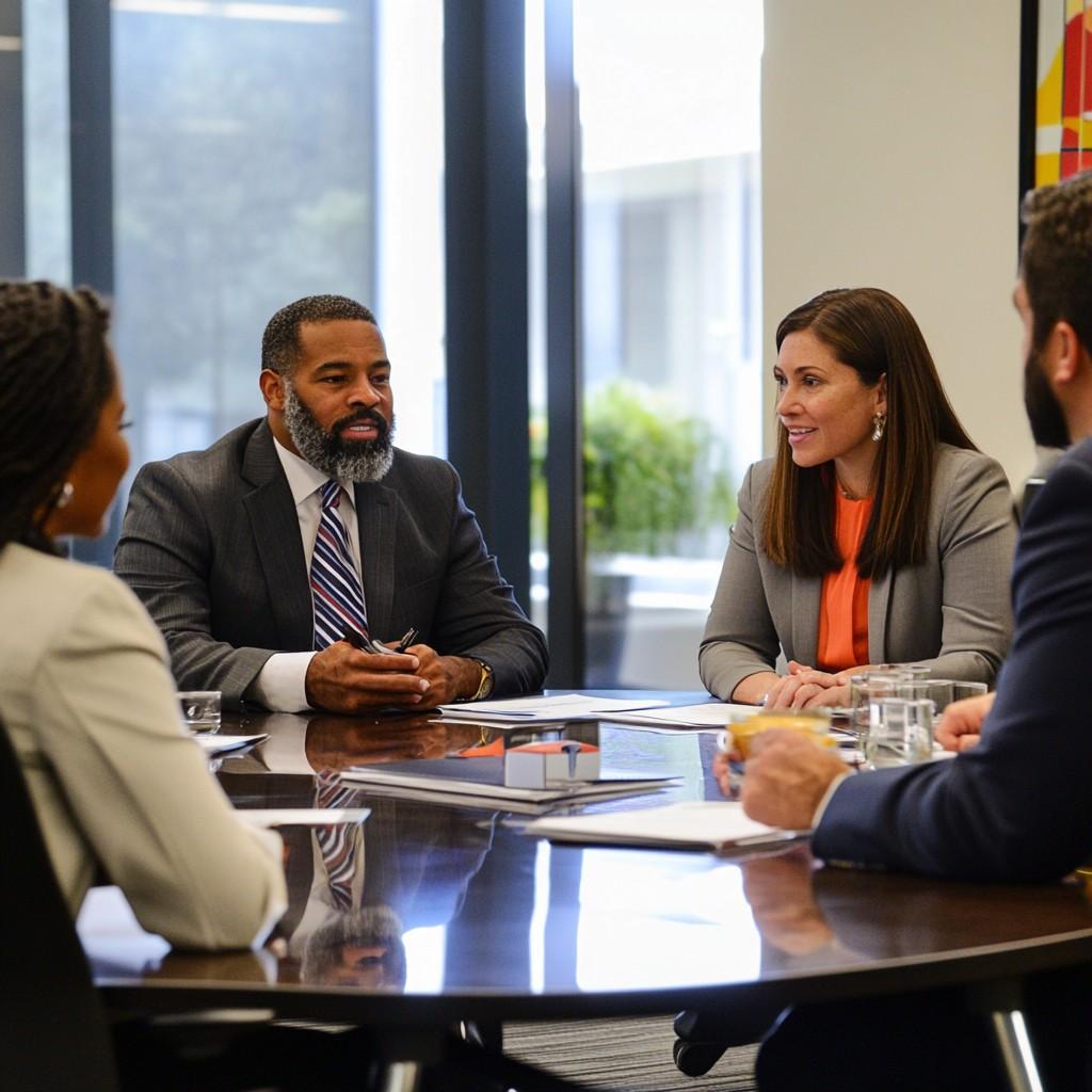 A conference room setting where professionals discuss ways to improve the company’s wellness program, using modern technology for presentations and strategies.