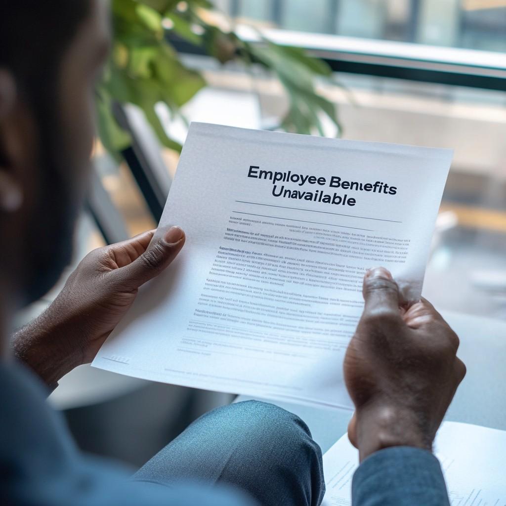 Close-up of a man’s hands holding an “Employee Benefits” document showing sections marked as unavailable.