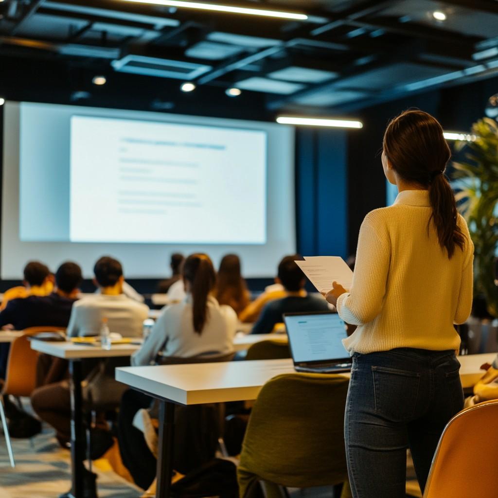 A seminar on employee benefits in a well-lit conference room with attentive participants.
