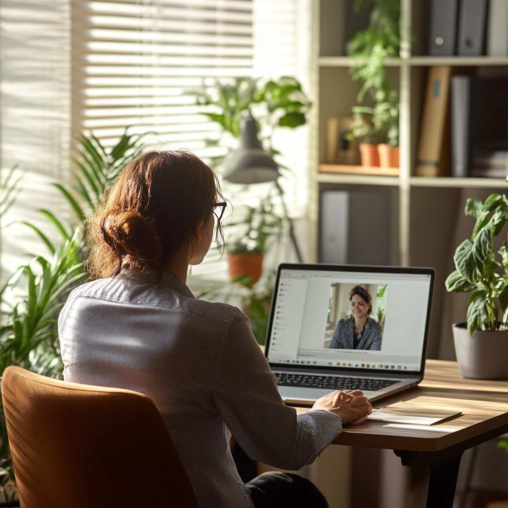 A woman attending virtual HR training at home. 