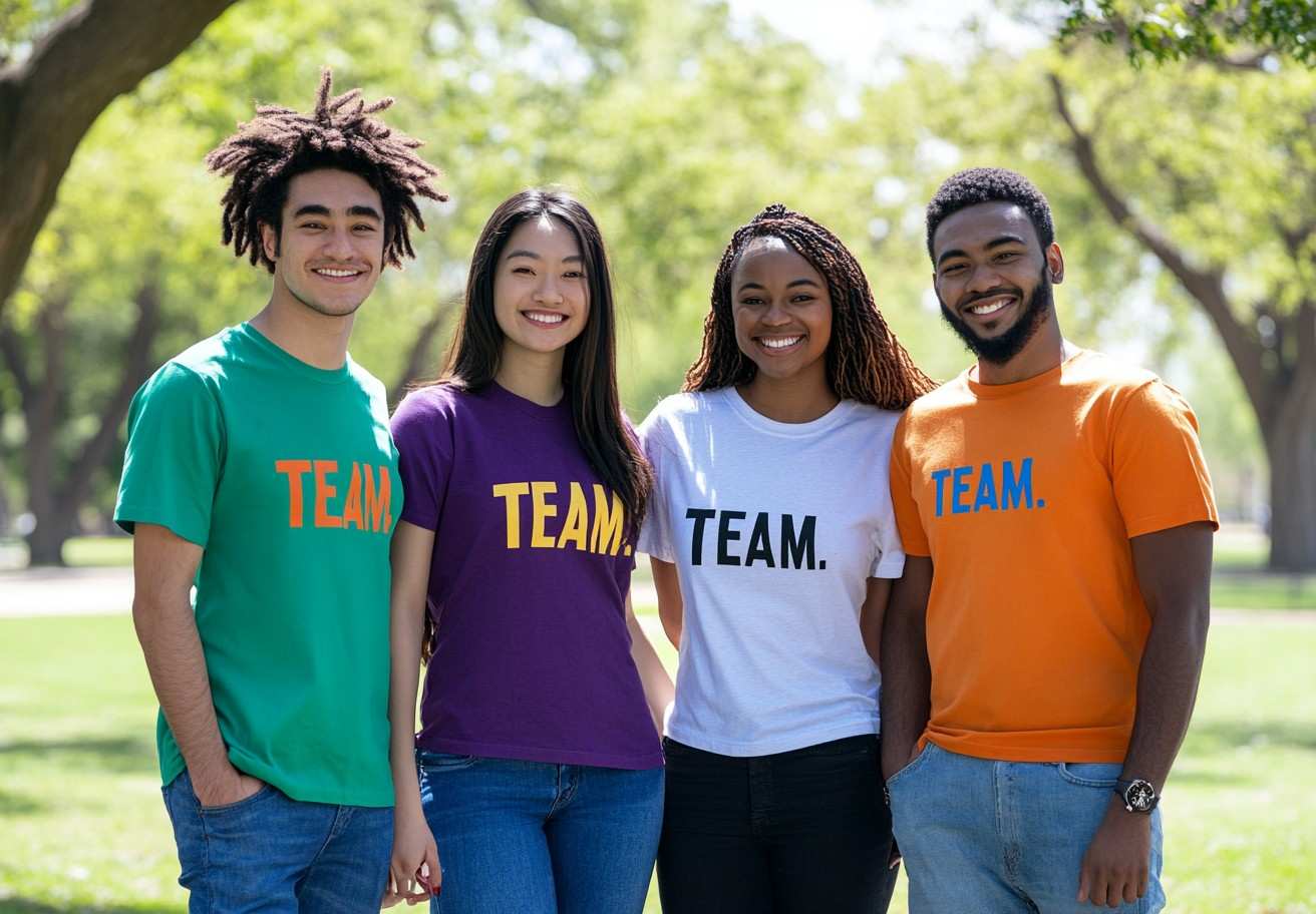 Four people of different races standing together, wearing shirts with the word "Team" on it.