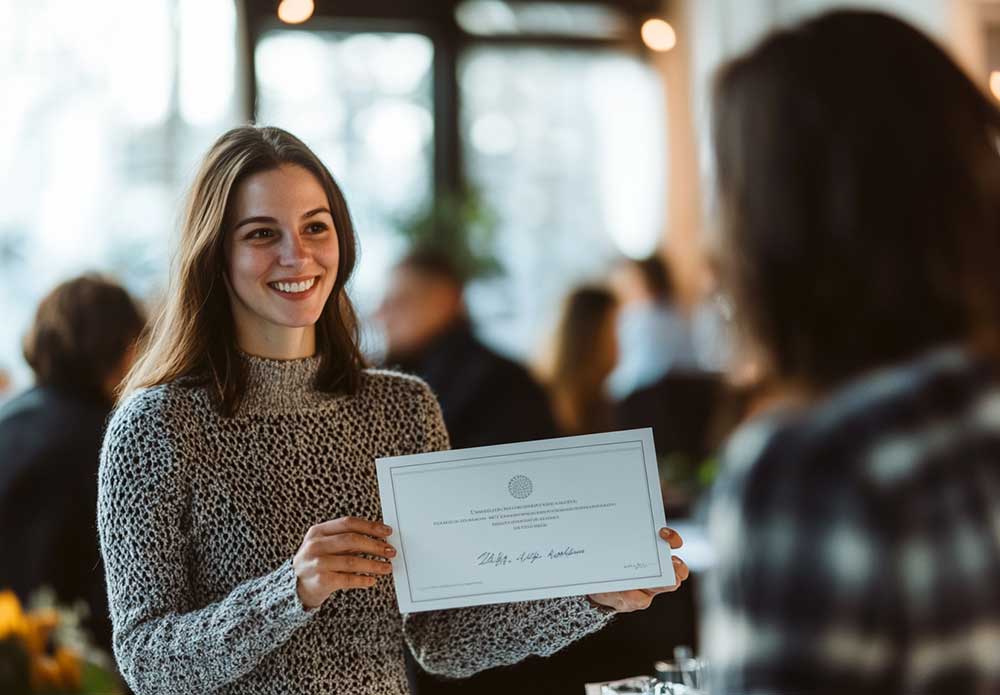  A woman smiling as she receives a certificate upon completing her training course.